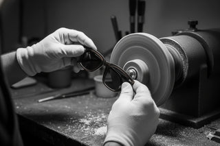 Artisan polissant une monture de lunettes ELYONEL dans un atelier, fabrication soignée en gros plan.